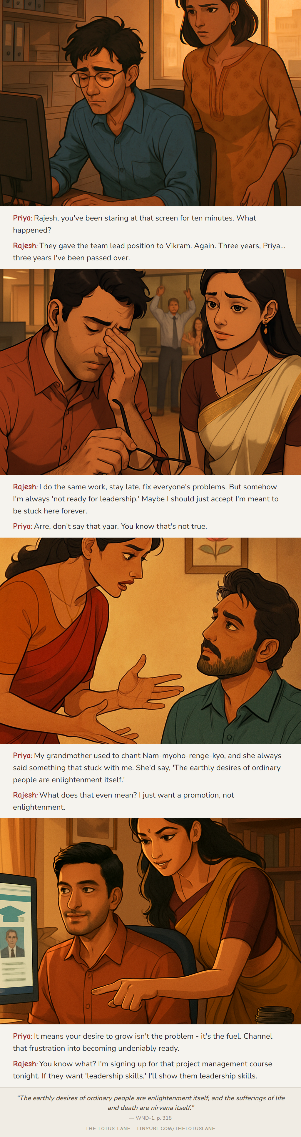 The Promotion That Never Came — Buddhist wisdom comic strip about work stress