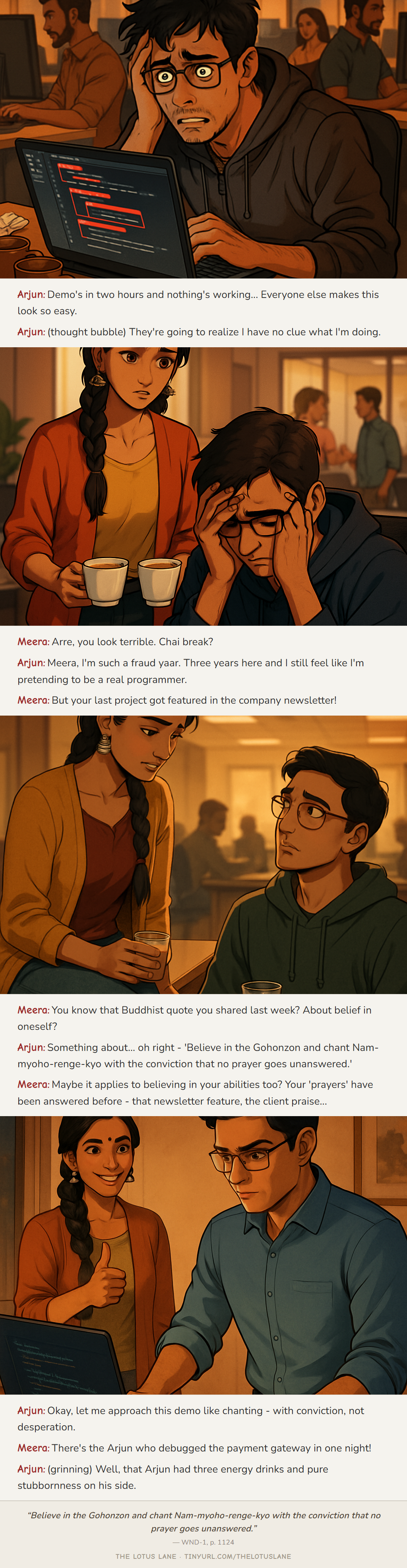 The Demo Day Disaster — Buddhist wisdom comic strip about work stress