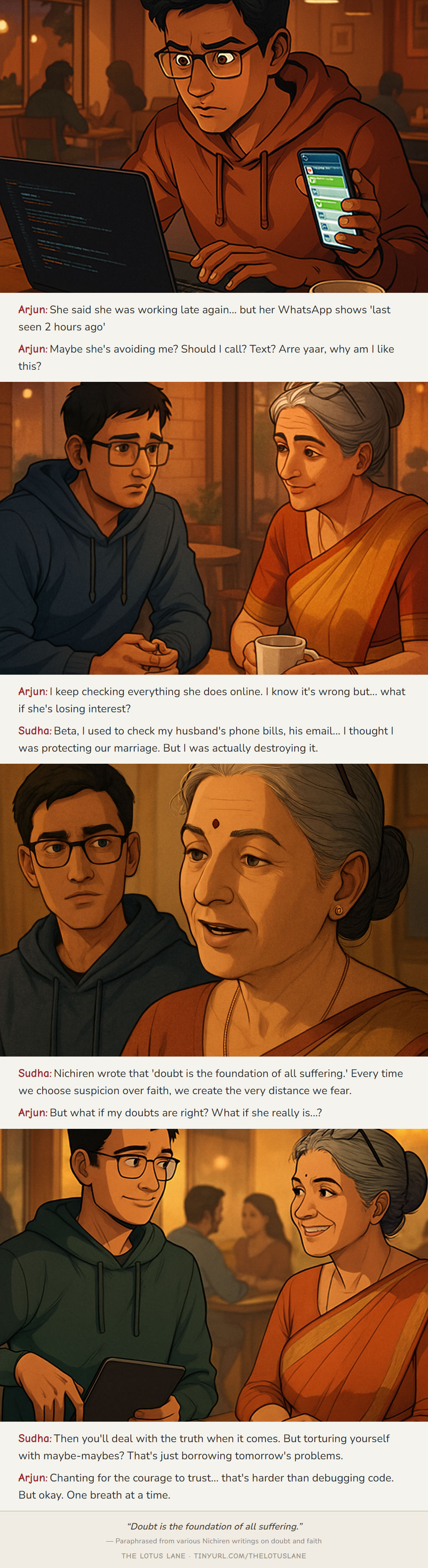 The Verification Game — Buddhist wisdom comic strip about relationships