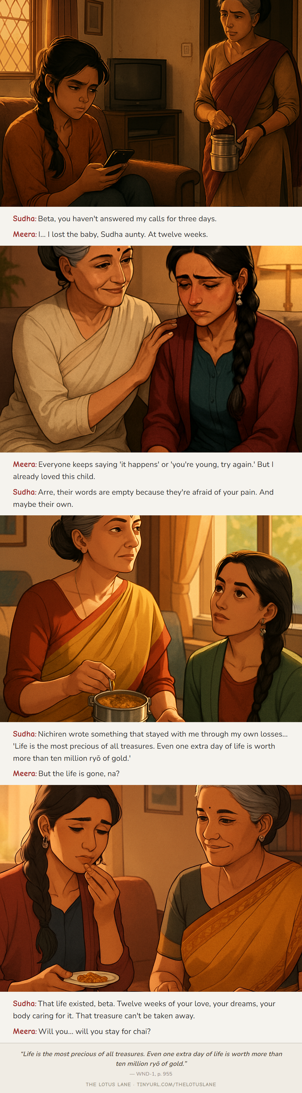 The Weight of Silence — Buddhist wisdom comic strip about grief loss