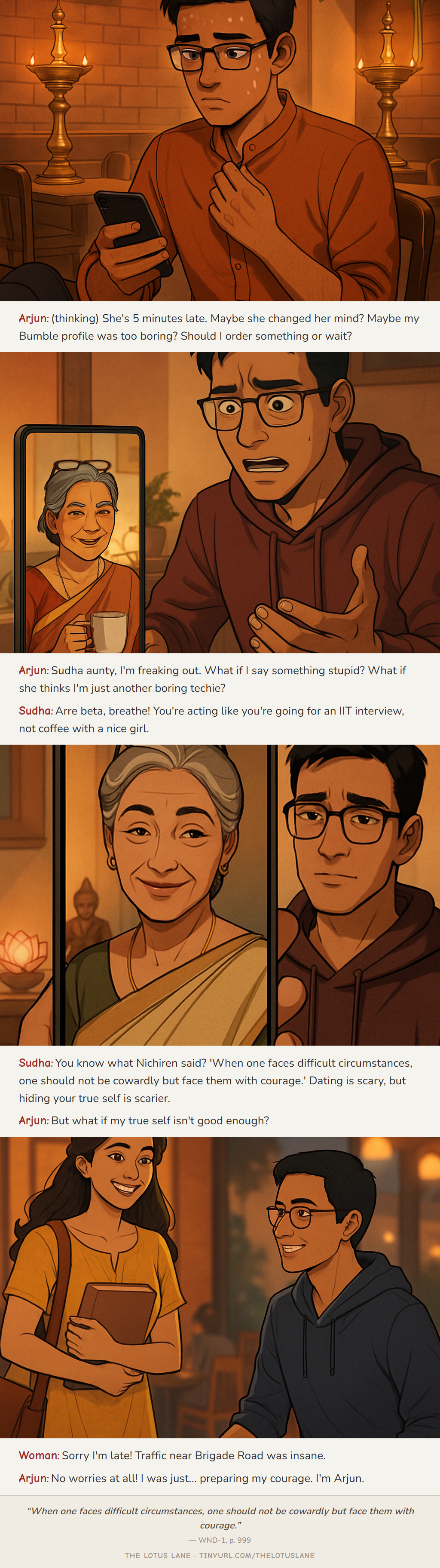 First Date Nerves — Buddhist wisdom comic strip about relationships