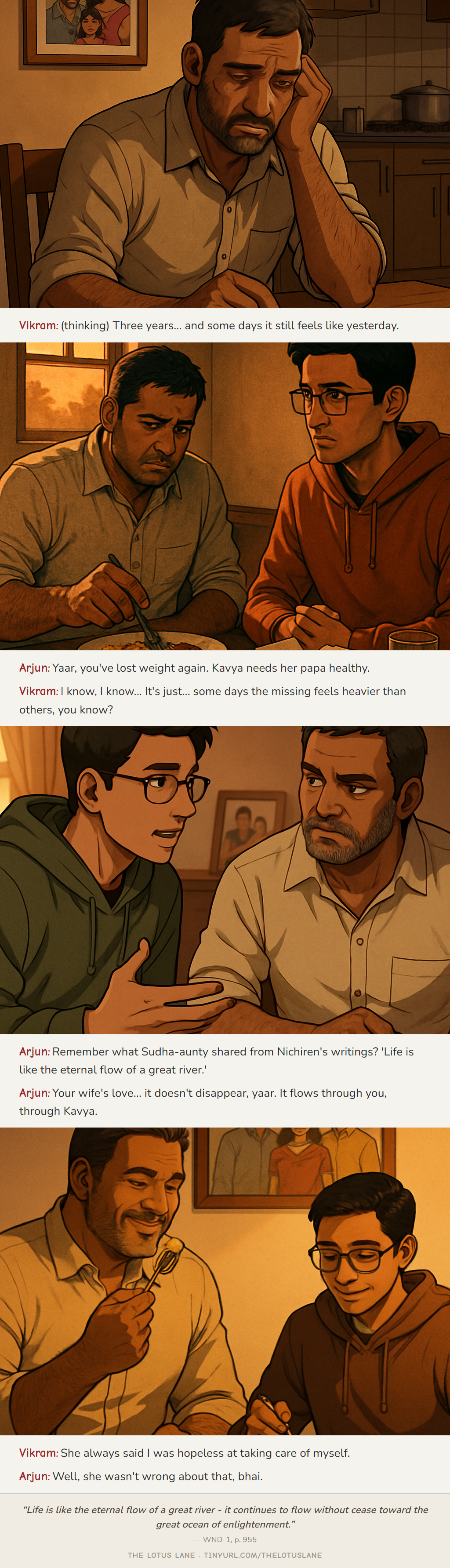 The Weight of Missing — Buddhist wisdom comic strip about grief loss