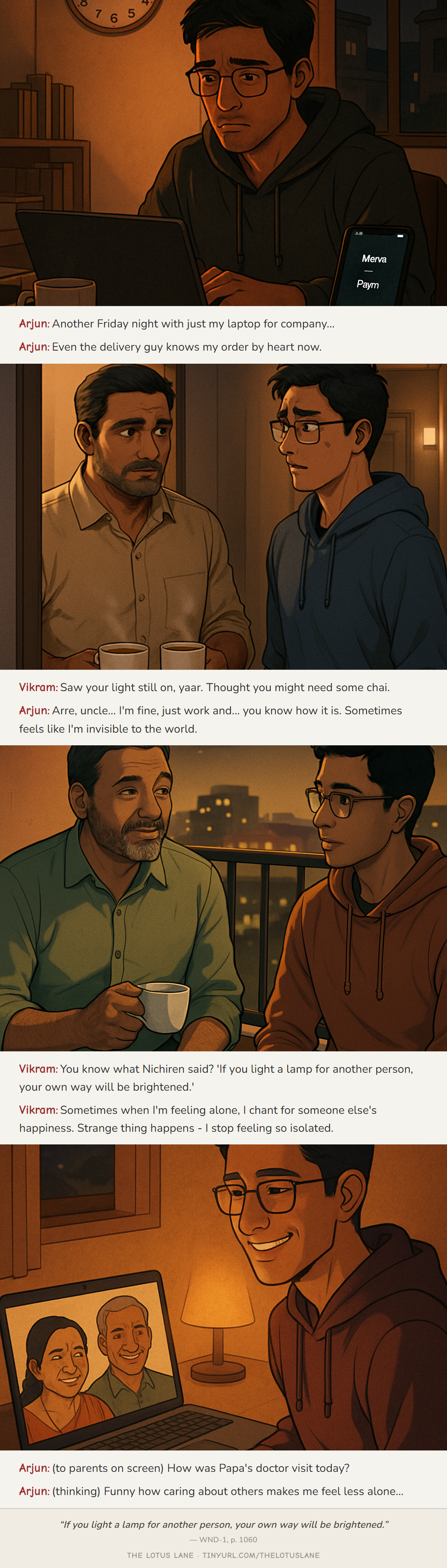 Night Shift Connections — Buddhist wisdom comic strip about relationships