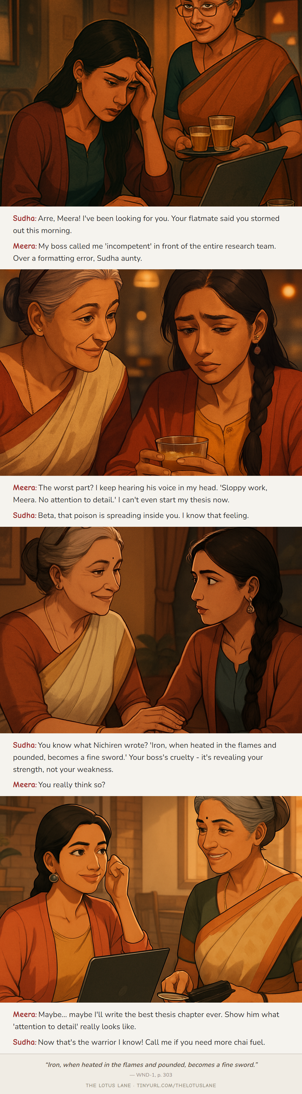 The Weight of Words — Buddhist wisdom comic strip about work stress