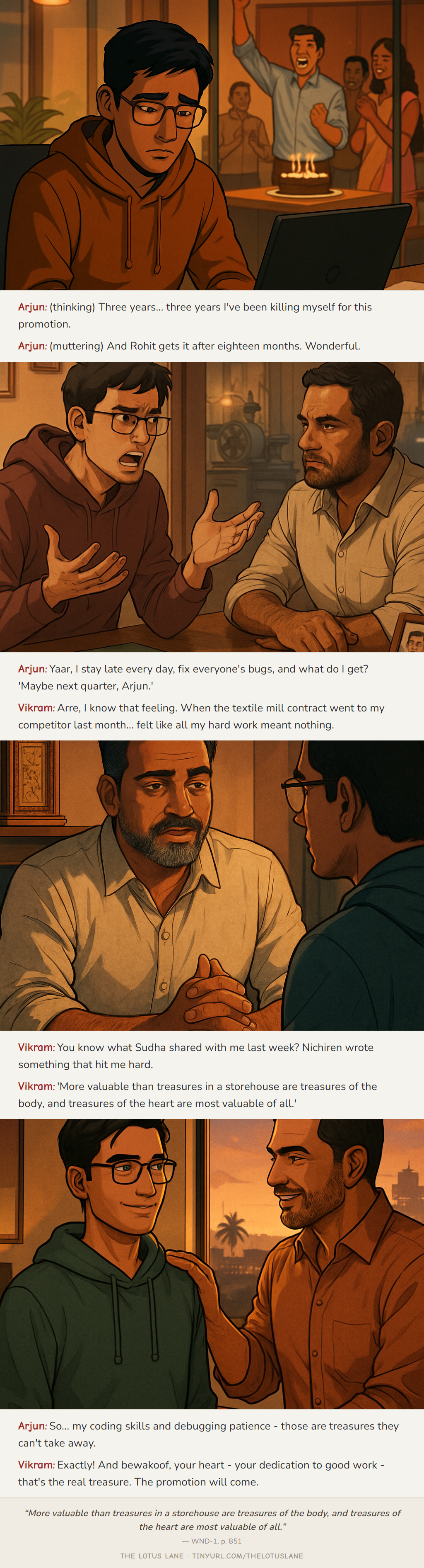 The Promotion Pass — Buddhist wisdom comic strip about work stress