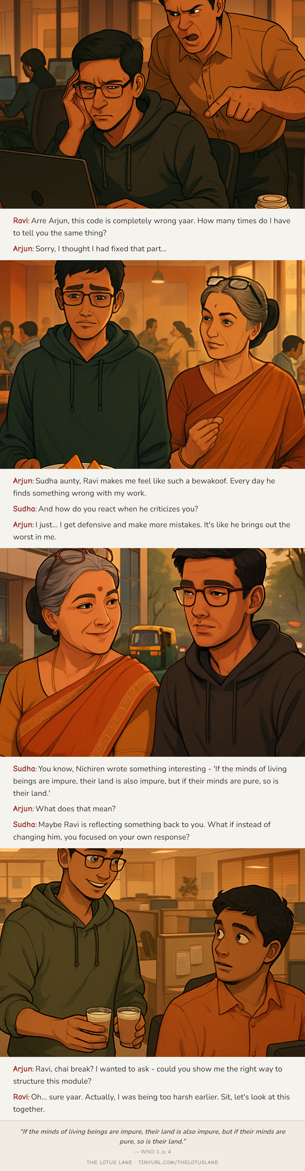 The Mirror Effect — Buddhist wisdom comic strip about work stress